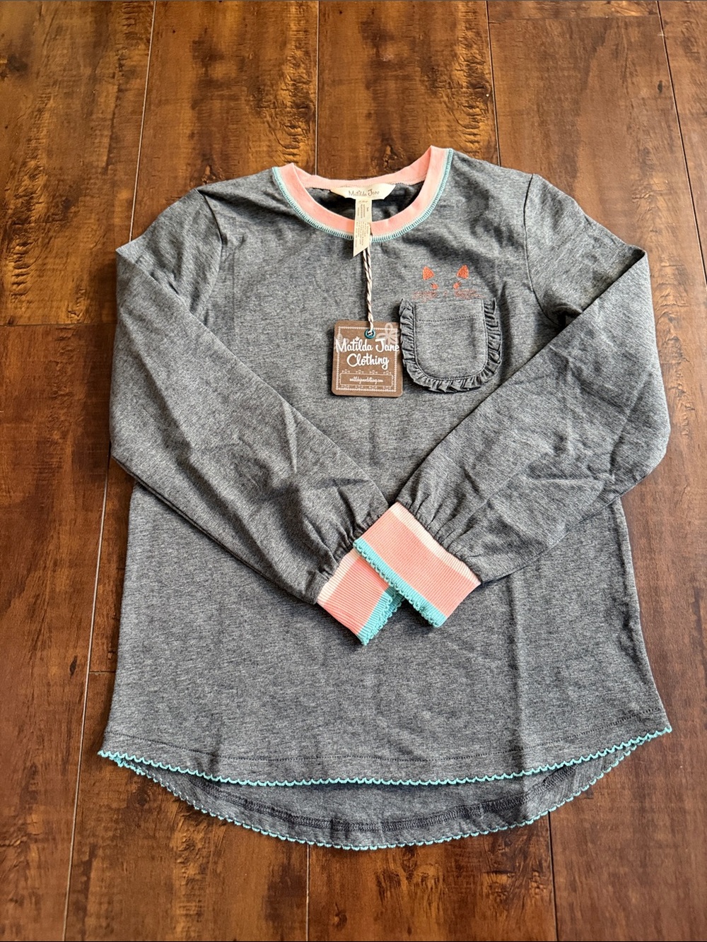 Matilda Jane Gray Long Sleeve Top with Coral & Aqua Trim